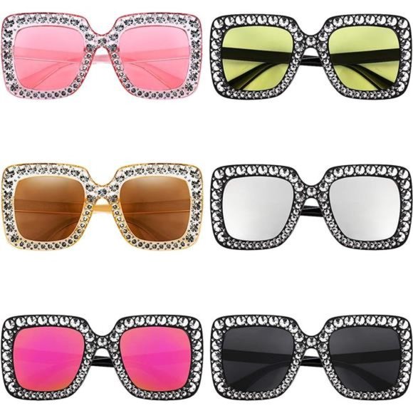 6 Pairs Crystal Oversized Square Sunglasses Diamond Glitter Sunglasses Retro - Picture 1 of 6
